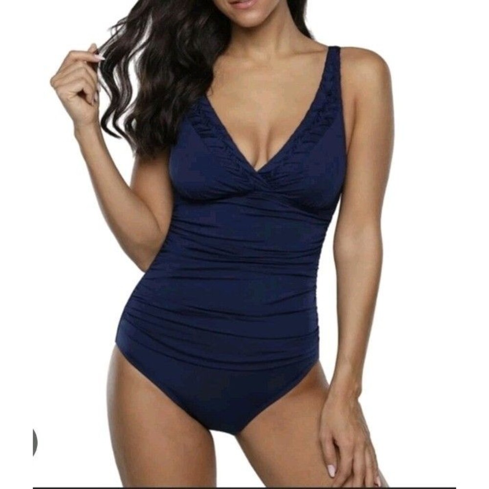 Hilor Navy Blue Ruched One Piece Swimsuit V Neck Tummy Control Size 14 EUC